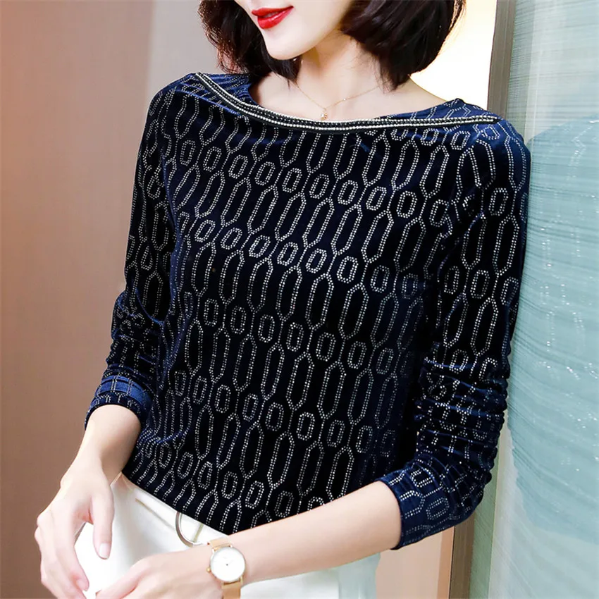

Autumn Winter Long Sleeve Tops Vinatge Velvet Blouse Womens Tops And Blouses Diamond Hot Drill Fashion Blusa Mujer