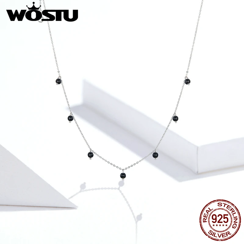 Женское ожерелье из серебра 925 пробы длинная цепочка с черным кристаллом