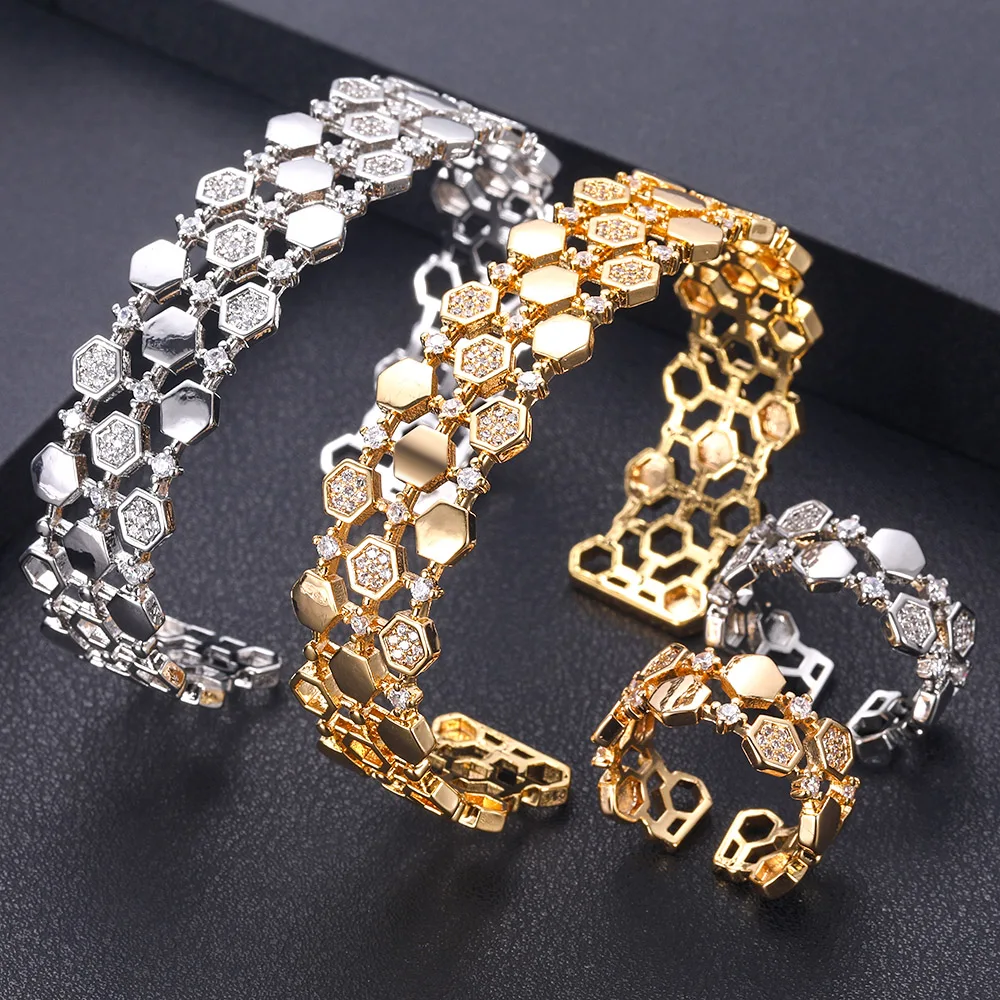 Jewelry Set Bangle Ring Crystal Luxury Wedding For Women Cubic Zirconia Janekelly Platinum Plated Trendy Copper 2 Geometric - купить по