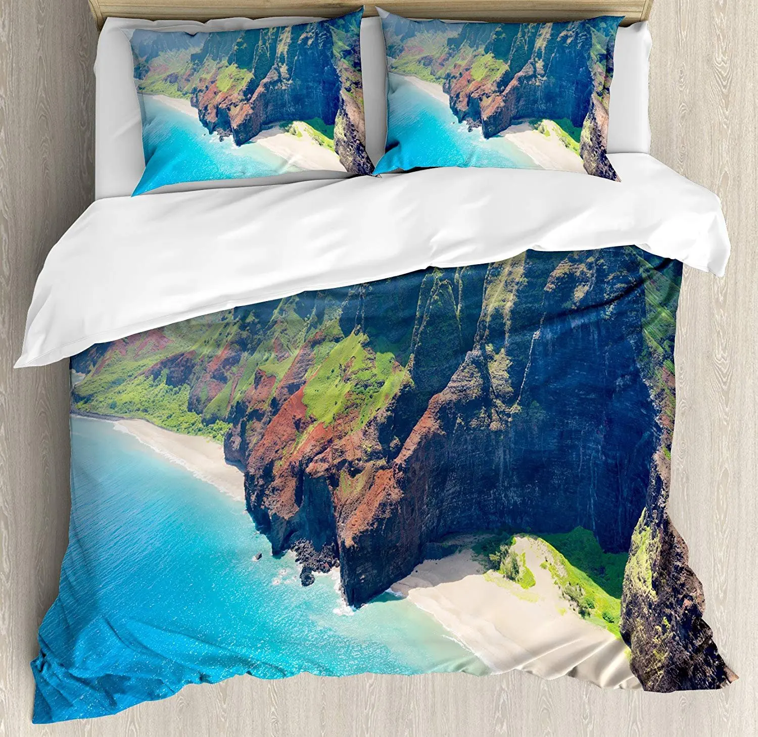 

Hawaiian Decor Bedding Set Na Pali Coast on Kauai Island on Hawaii in a Sunny Day Seaside Mountain Skyline Duvet Cover Bed Set