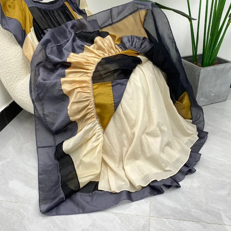 

2021 Spring Newest Top Quality Contrast Black Yellow Patchwork Long Sleeve Elegant Vintage Designer Dresses