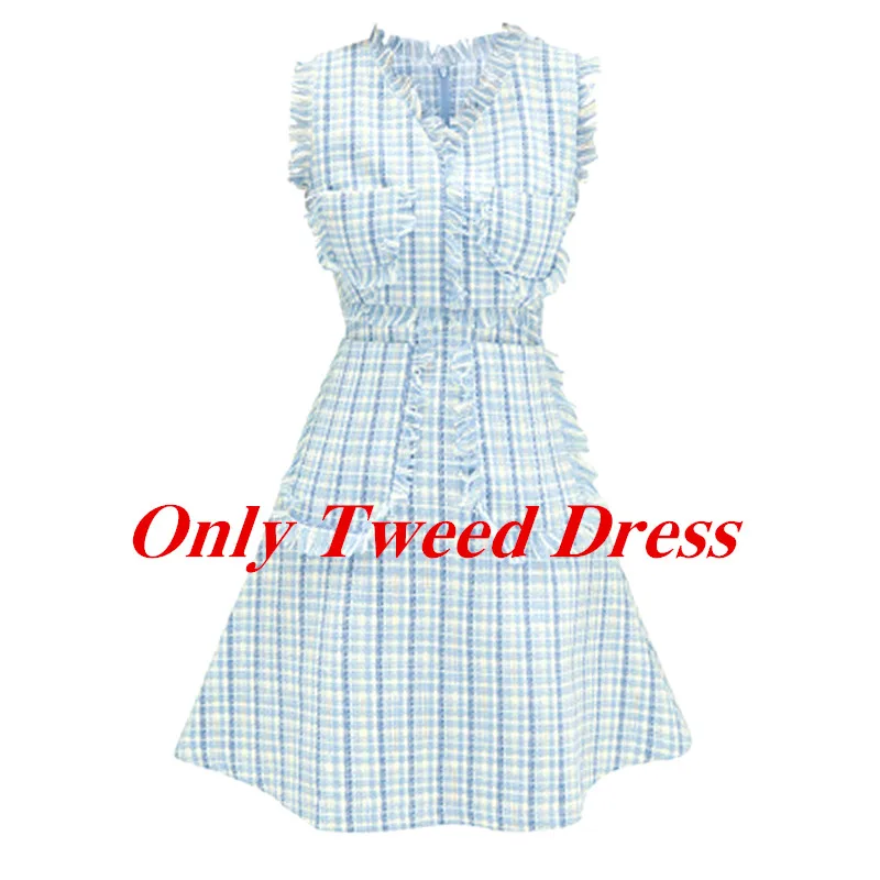 Only Tweed Dress Элегантное твидовое платье; наряды; Осень-зима года; с рюшами; белый свитер с длинными рукавами и кисточками; шерстяное платье в клетку; Женский комплект 2 шт - Цвет: Only Tweed Dress