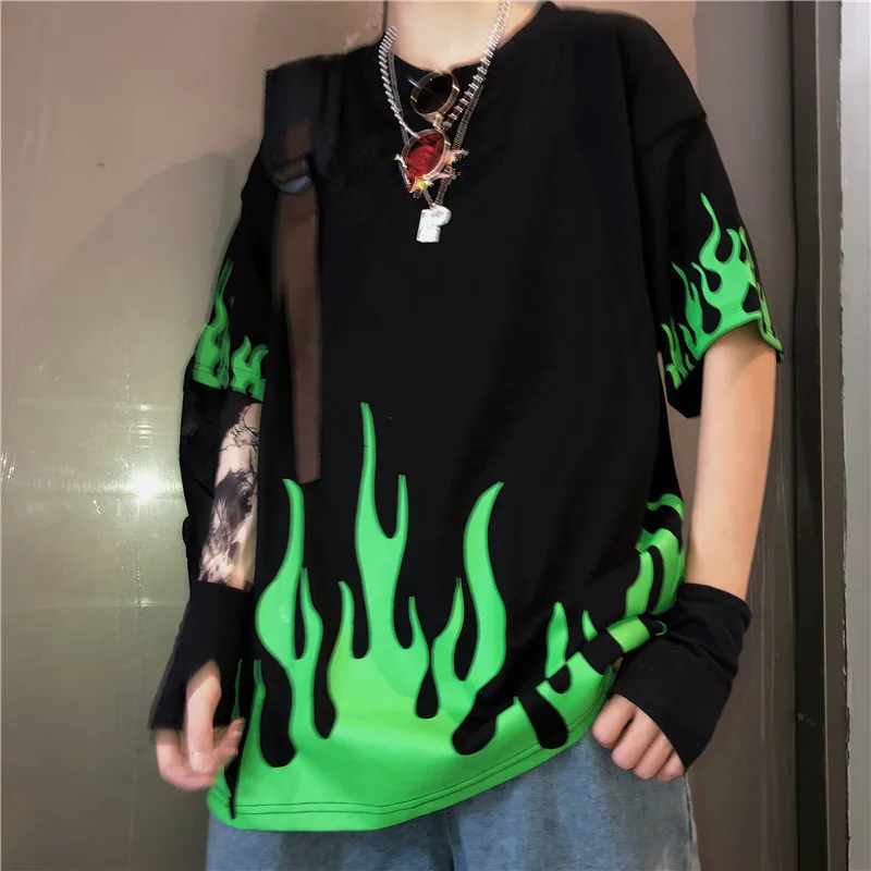 Lychee Harajuku хит цвет короткий рукав женские футболки зеленый пламя печати женская