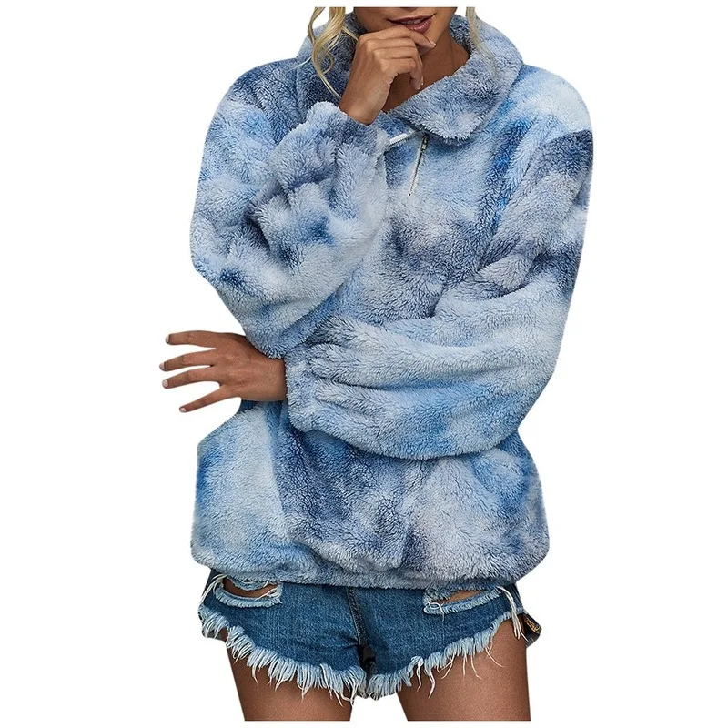 

Long-sleeved Tie Dye Fashion Coat Ladies Plush Autumn and Winter Pocket Long Coat Pocket Casual Hooded Pullover Sweatshirt