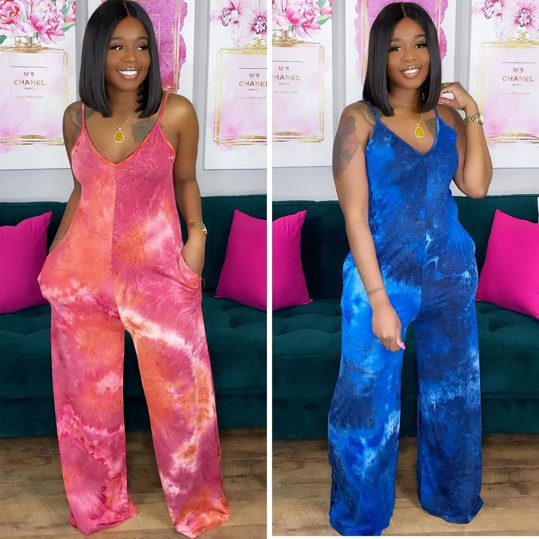 

Fashion Jumpsuit Offical Casual Tie Dye Mid Waist Commuter Milk Silk Print Suspender Trousers Wide Leg Pants Women