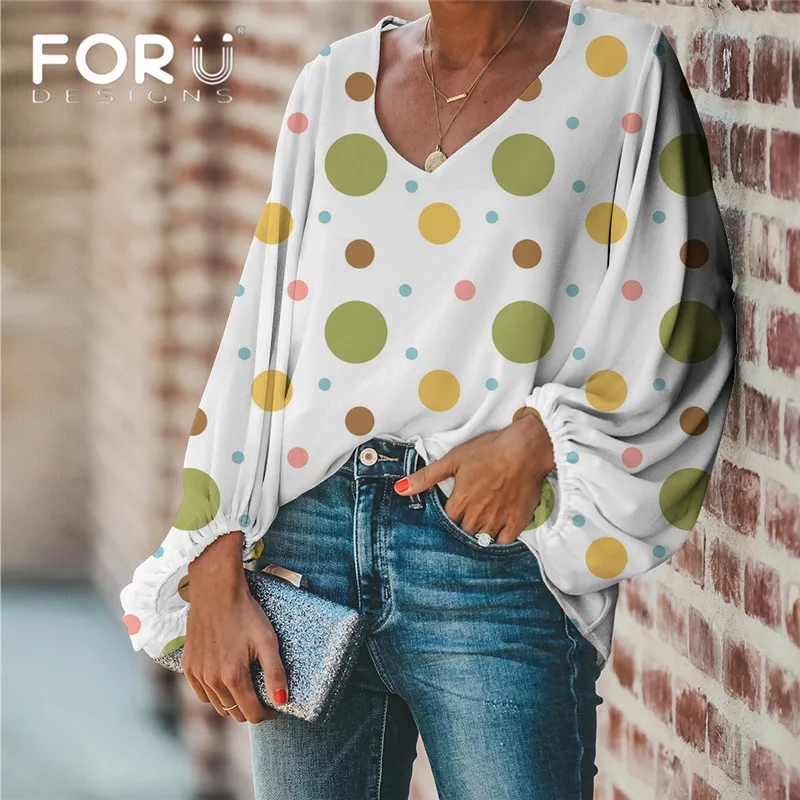 

FORUDESIGNS Women Blouse Tops Women Work Office Dot Print Blouse Shirt Casual Long Sleeve Shirt Blouses femmes Large Size