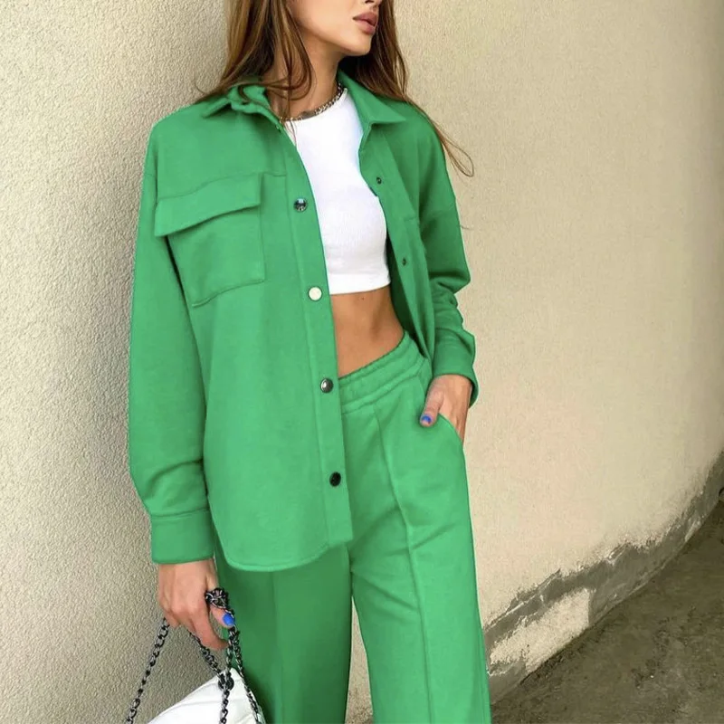 

Women's Tracksuit Basic Shirt Solid Trousers Sets 2021 Autumn New Long Sleeve Turn-down Shirt 2 Piece Set Lady Chic Sport Suits
