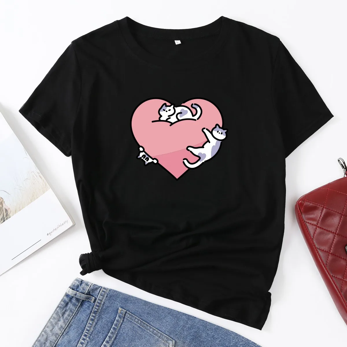 

Cute Cats Heart Animal Pet Top Woman T-Shirt Short Sleeve T-Shirts Summer Tops for Women Cotton Graphic Tee Female Shirt Clothes