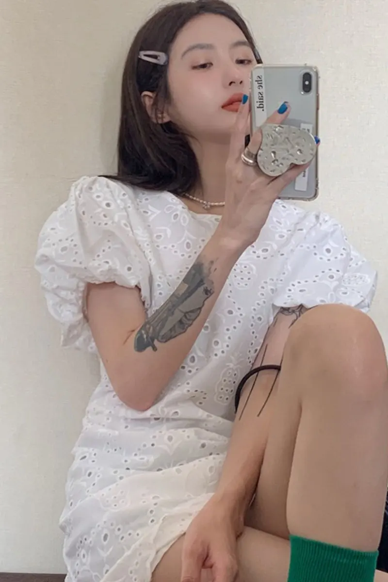 

White Sweet Puff Sleeve Crocheted Slim Fit Dress Summer New Elegant High Street A- Line Short Dress High Waist Solid Color Dress