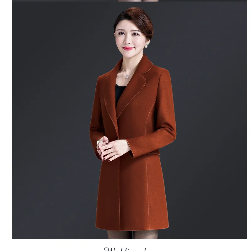 

Autumn Winter Women's Woolen Coat Solid Color New Fashion Turn Down Collar Temperament Casual Female Slimming Mid-length Jacket