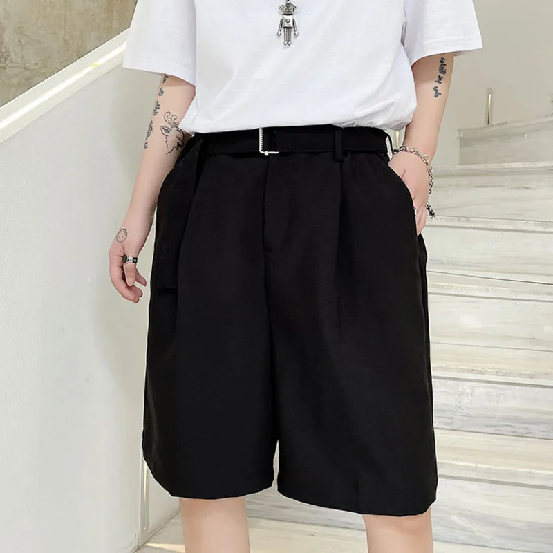 

IEFB 2021 Summer Solid Color Belt Decoration Men's Shorts Wide Leg Casual Knee Length Shorts Black Apricot Male Clothing 9Y7849