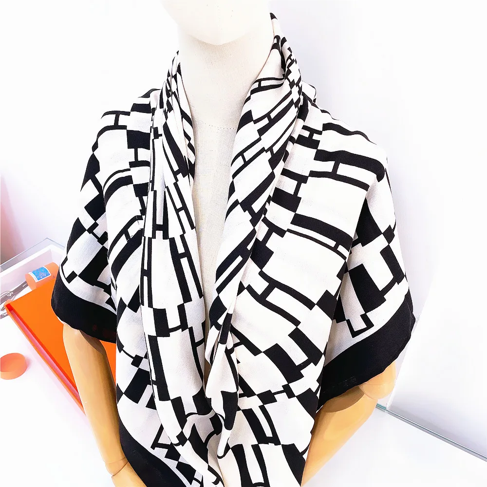 130cm Ladder Print Winter Silk Cashmere Scarf Shawls Keep Warm Pashmina Women Square Scarves Wraps Brand Hijab Scarf Bandana images - 6