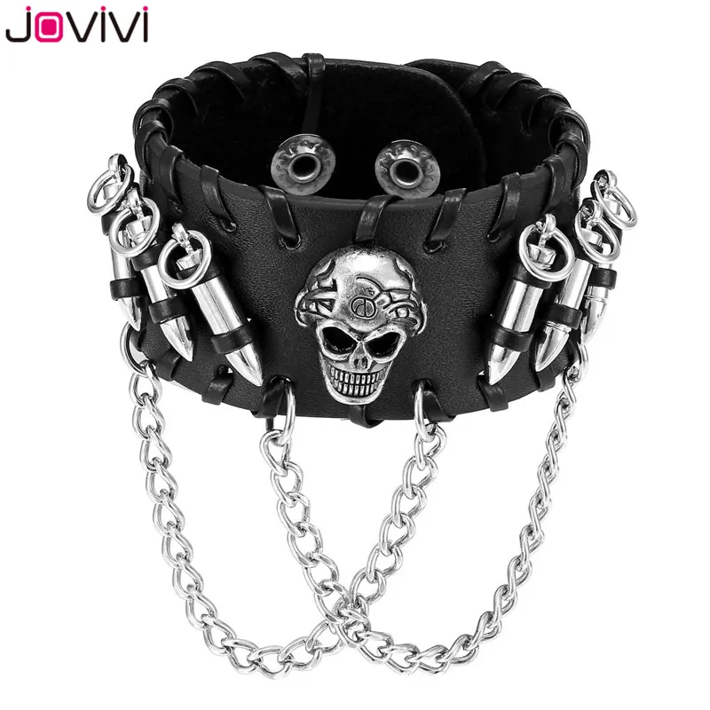 Jovivi 1x мужские браслеты металлические байкерские черные широкие пули черепа