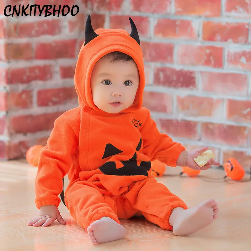 

Halloween Baby Clothes Orange Fleece Hooded Toddler Baby Rompers Autumn Winter Pumpkin Jumpsuit For Toddler Boy Girl Party Cloth
