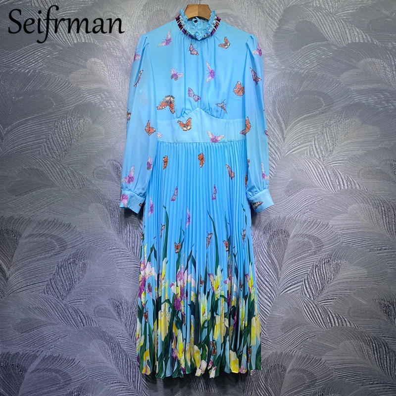 

Seifrmann New 2021 Summer Women Fashion Designer Pleated Dress Gorgeous Crystal High Waist Lantern Sleeve Printed Ladies Dresses