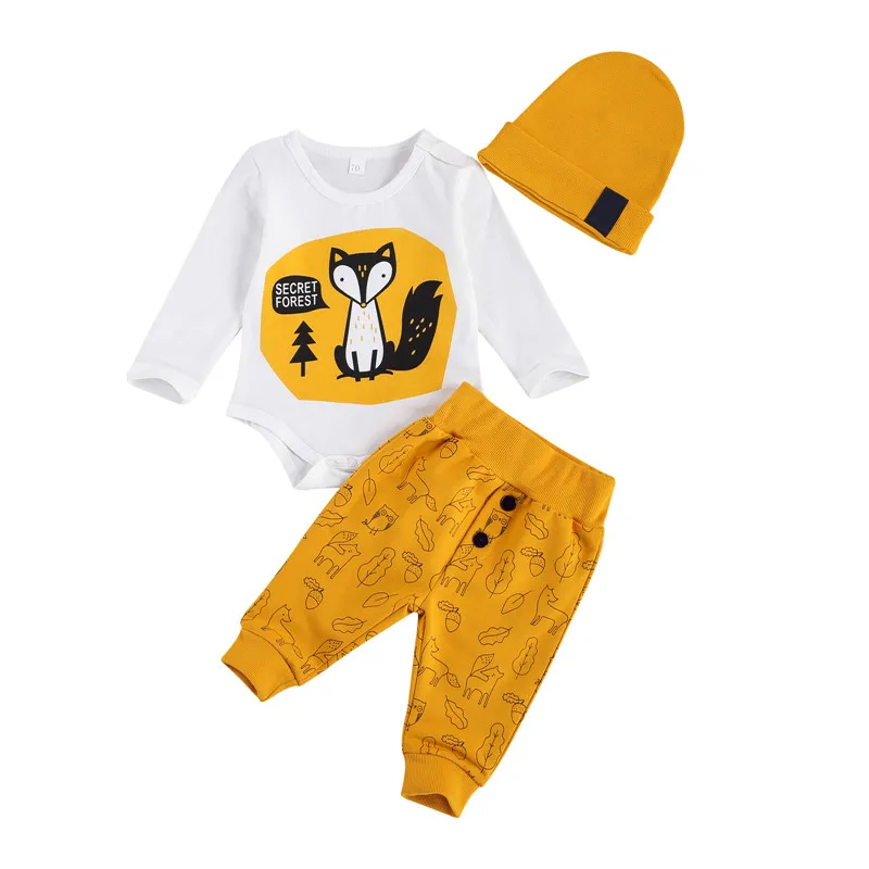 

0-18M Newborn Baby Boys 3-piece Outfit Set Fashion Cartoon Fox Print Romper+Pants+Hat Set for Kids Boys