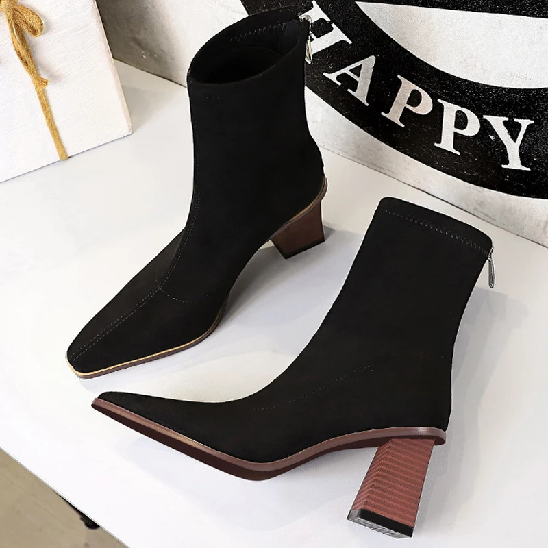 

Женские замшевые ботинки BIGTREE, осенне-зимние короткие ботинки с отделкой под дерево, на высоком каблуке, с плюшевой подкладкой, 2022