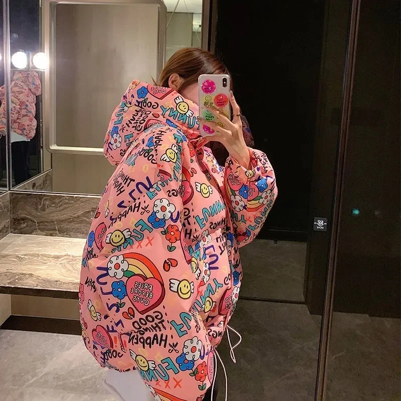 

Высококачественный пуховик с капюшоном и принтом, новинка 2021, Женская куртка на белом утином пуху с капюшоном, студенческое жатое уличное з...