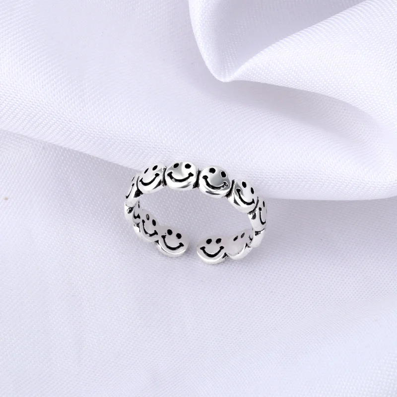

Vintage Ancient Silver Color face ring Happy Smiling Face Open Rings for Women Punk Hip Hop Adjustable Ring Fashion Jewelry Gift