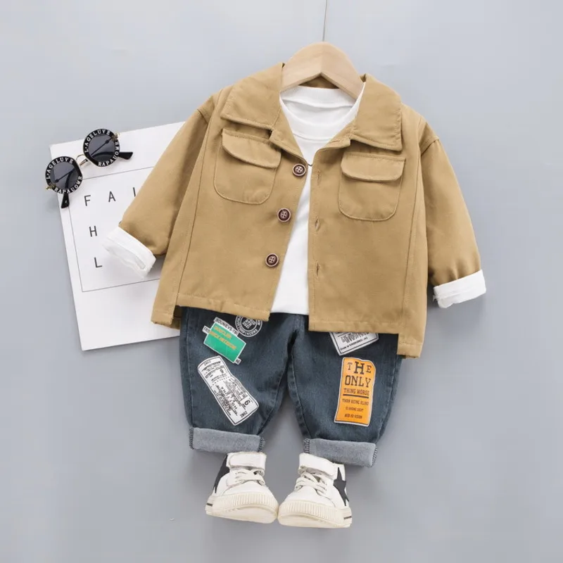 New Spring Autumn Children Clothes Baby Boys Girls Lapel Jacket T Shirt Pants 3Pcs/sets Kids Infant Clothing Toddler Sportswear |