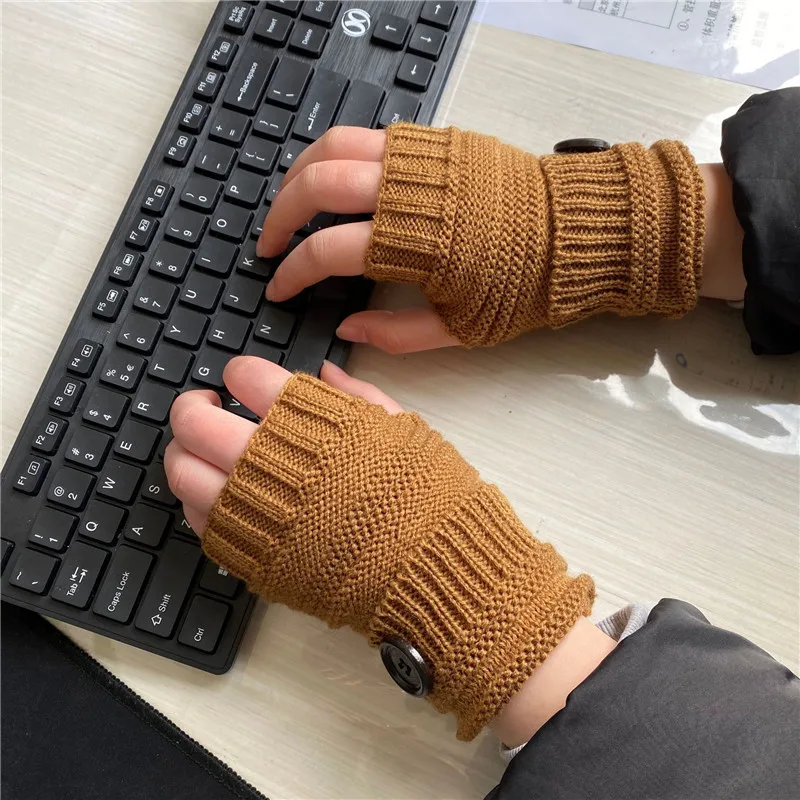 

Woman Spring Autumn Button Warm Soft Fingerless Gloves Unisex Cycling Half-Finger Cover Ladies Knitted Mittens