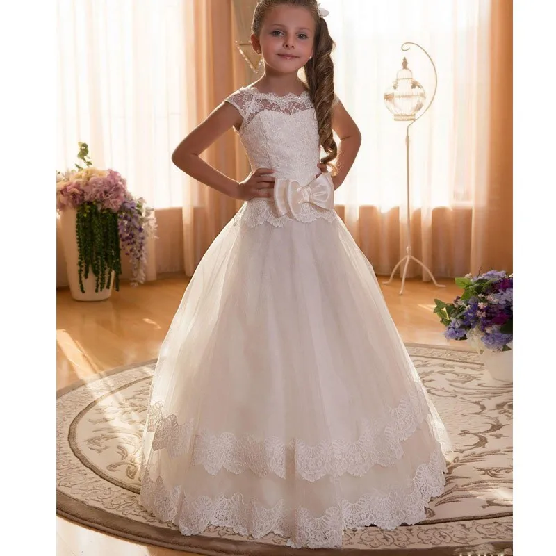 

First Communion Dresses Wedding Party Dress Big Bow Lace Flower Girl Dresses Ankle Length Girls Pageant Dresses