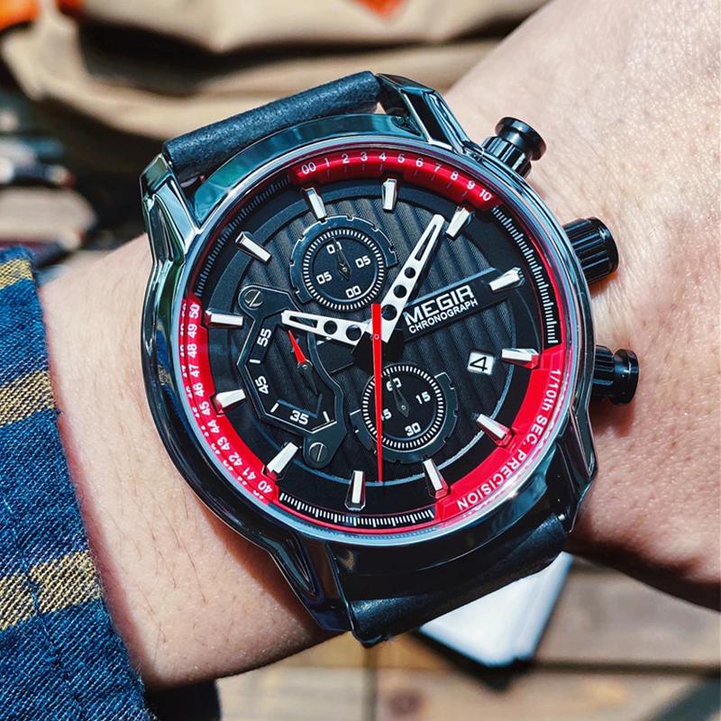 

MEGIR Military Sports Watches Mens Top Brand Luxury Leather Quartz Watch Clock Men Creative New Chronograph Relogio Masculino