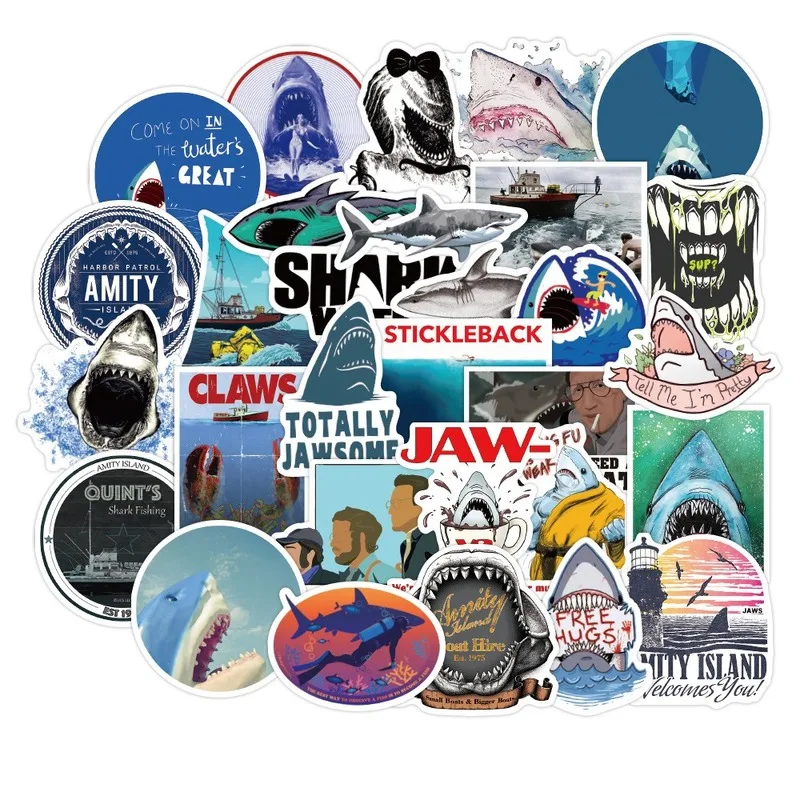 

50PCS Movie JAWS Sticker Cartoon PVC Ocean Animal Great White Shark Decal Stickers To Motorcycle Helmet Laptop Suitcase Guitar