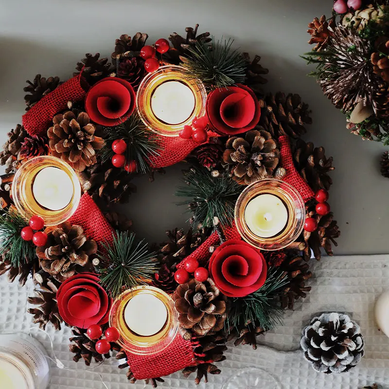 

Christmas Candle Holders Red Berries Pine Cone Four Candle Holder Handmade Xmas Table Centerpiece Tabletop Decor