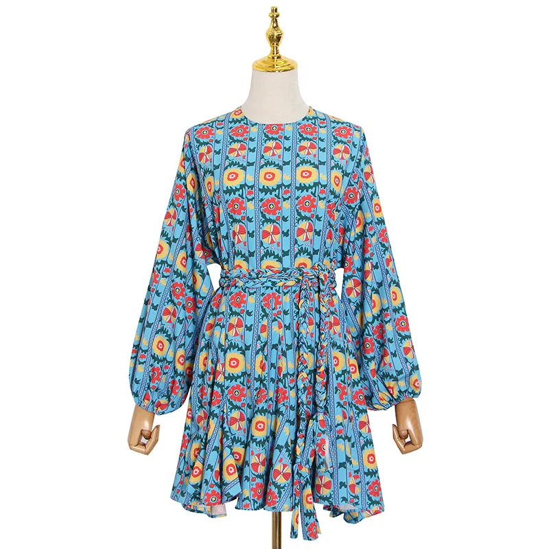 

Fashion round neck bubble sleeve printed high waist slim lace dress a-line skirt women's 18197