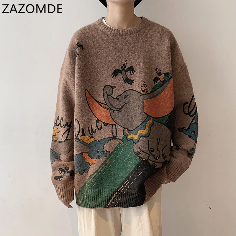 Свитер ZAZOMDE с круглым вырезом и мультяшным принтом слона Мужской Женский пуловер