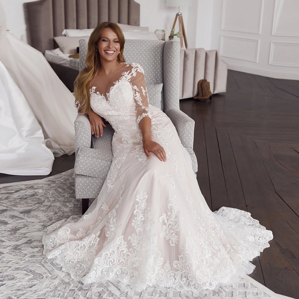 

Boho Plus Size Wedding Dress With Sleeves Elegant Bridal Gown For Bride Applique Floor Length A Line Bohemian Свадебное платье
