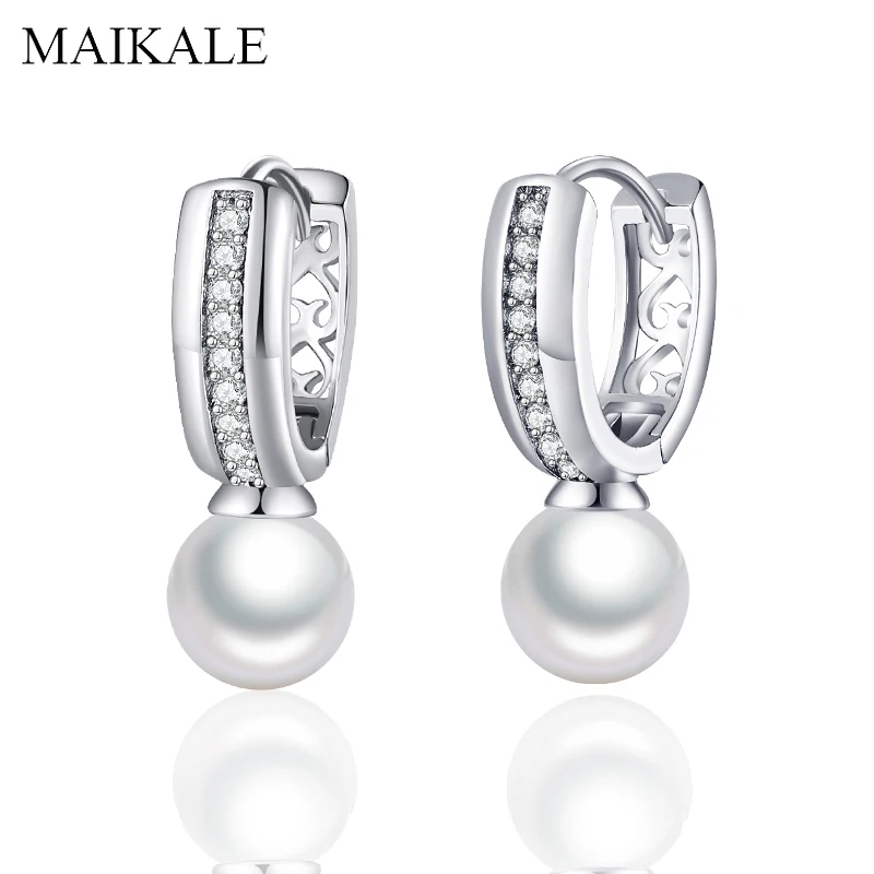 Женские серьги гвоздики MAIKALE простые с кубическим цирконием и большим жемчугом