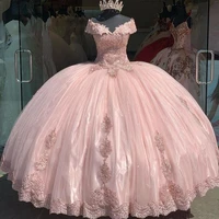 pink ball gown quinceanera dresses off the shoulder appliques lace sweet 16 cheap party dress vestido de 15 anos