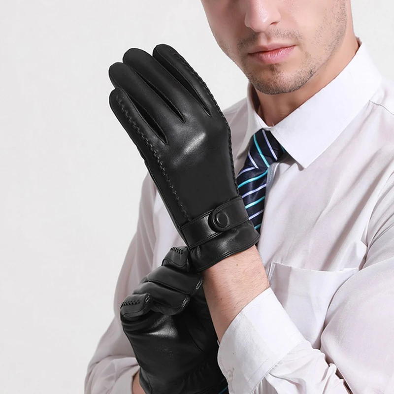 Мужские зимние перчатки из натуральной кожи теплые черные с сенсорным экраном