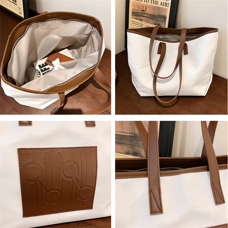 

Casual Light Canvas Patchwork Soft Tote Bags For Women Big Capacity High Quality Female Shopper Travel Shoulder Bags 2021 Winter