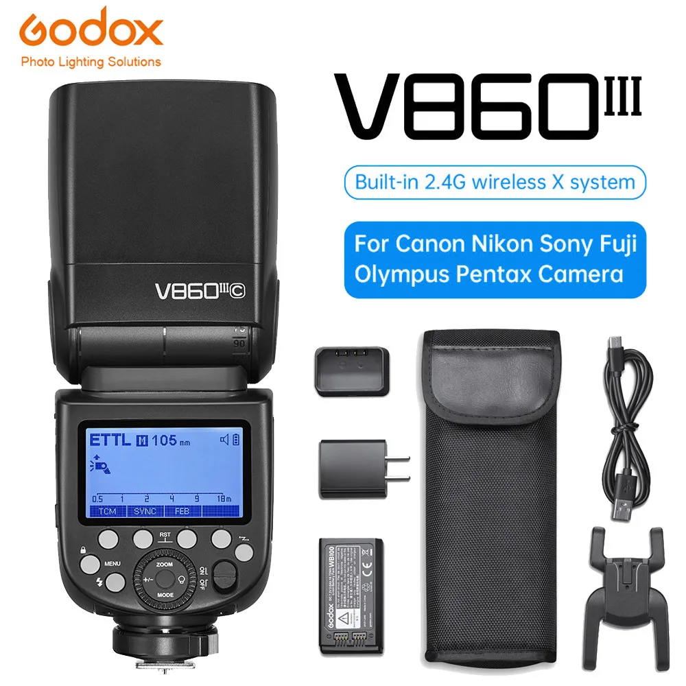 

Godox V860III Speedlight 2.4G HSS TTL Camera Flash 2600mAh Li-ion Battery 0.01-1.5s Recycle Time 10 Levels LED Modeling Lamp
