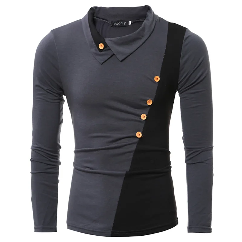 

Men's T-Shirt Long Sleeve Turn Down Collar Patchwork Pullover T-Shirts Casual Slim Color Matching Oblique Button Tops