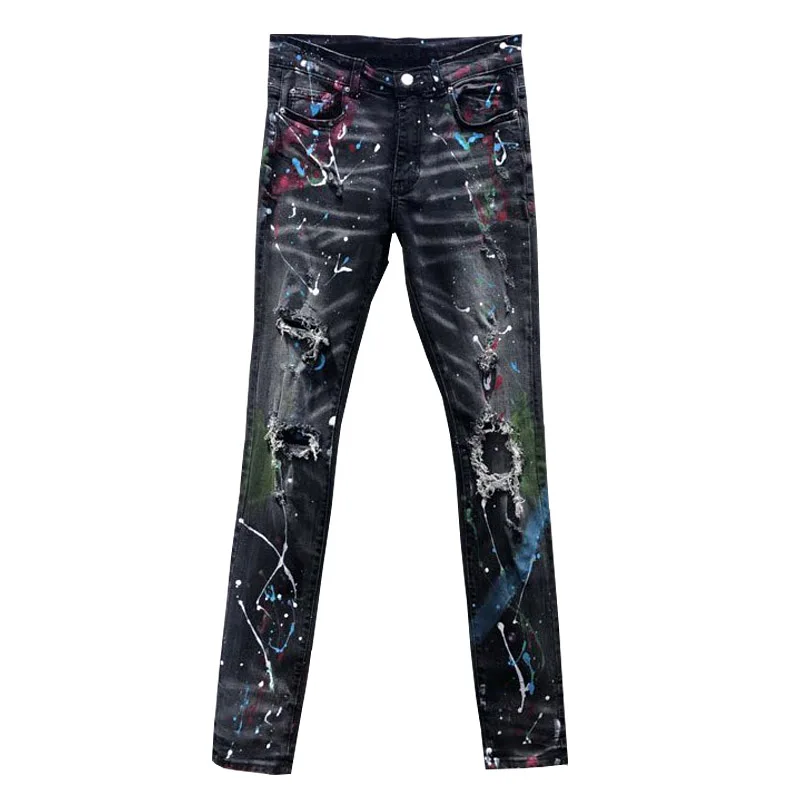 Erkek Jean Pantolon 2020 Spring And Summer New Hole Splash Ink Paint Slim Jeans Men's High Street Popular Homme | Мужская одежда