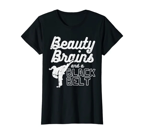 

Womens Beauty Brains Black Belt Girl Ponytail Kick Taekwondo Gift T-Shirt