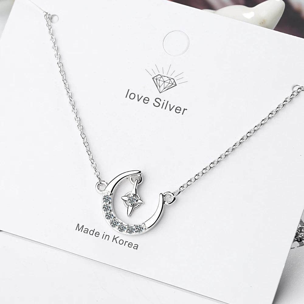 925 Sterling Silver Moon Stars Charm Pendant Necklace for Women Fashion Choker collier Lady | Украшения и аксессуары