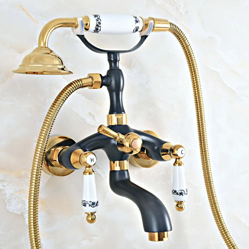 

Латунный настенный смеситель для ванны, кран с двойным керамическим рычагом для ручного душа, наполнитель для ванны, черного и золотого цвета, ана438