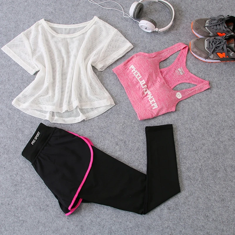 3 шт. женский спортивный комплект из футболки бюстгальтера и шортов|sport set|gym setyoga