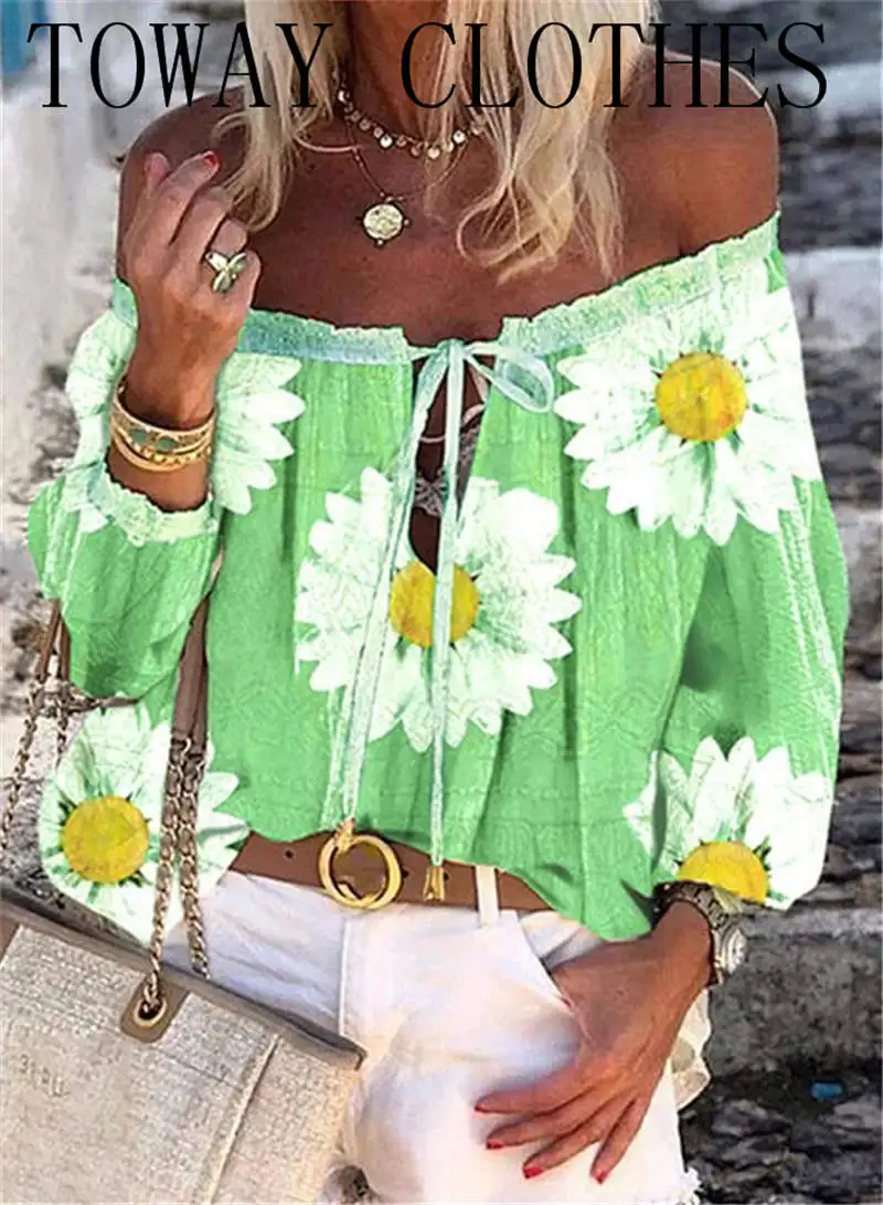

Summer Women Off Shoulder Sunflower Print Lace Up Top