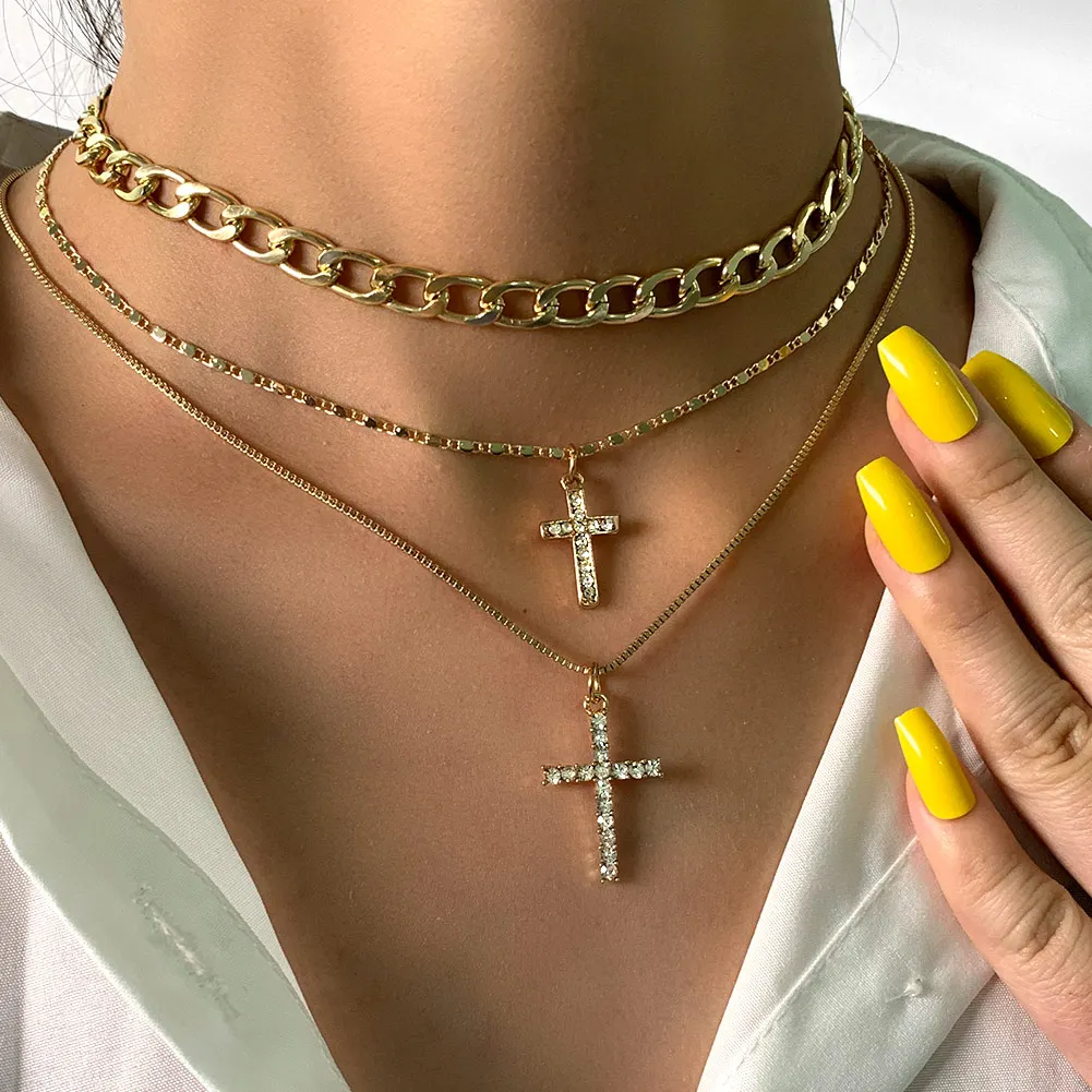 

Flatfoosie Hip Hop Multi-layer Cross Crystal Pendant Necklace For Women Simple Gold Color Metal Link Chain Necklace Punk Jewelry