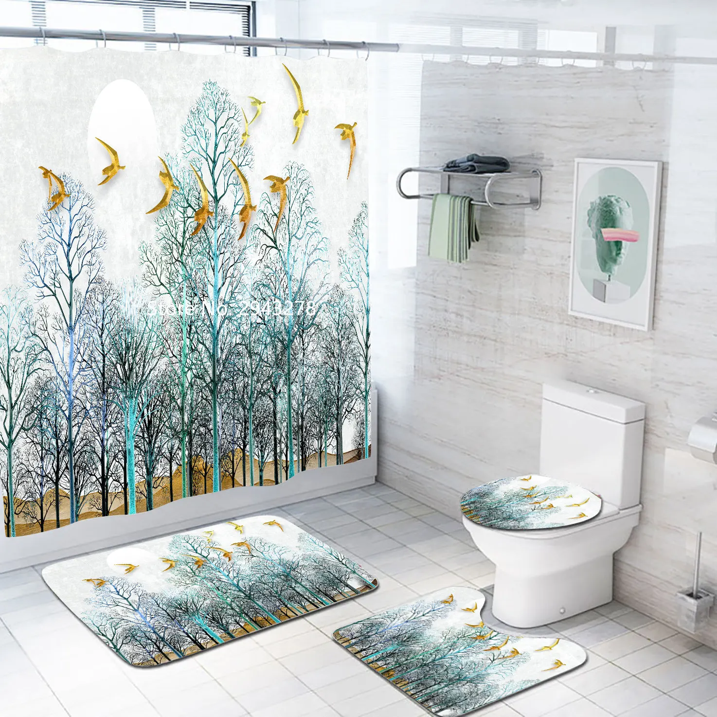 

Snow Underwater Landscape Patterned Shower Curtain Floor Mat Toilet Mat Waterproof and Mildew Washable Bathroom Decor with Hook