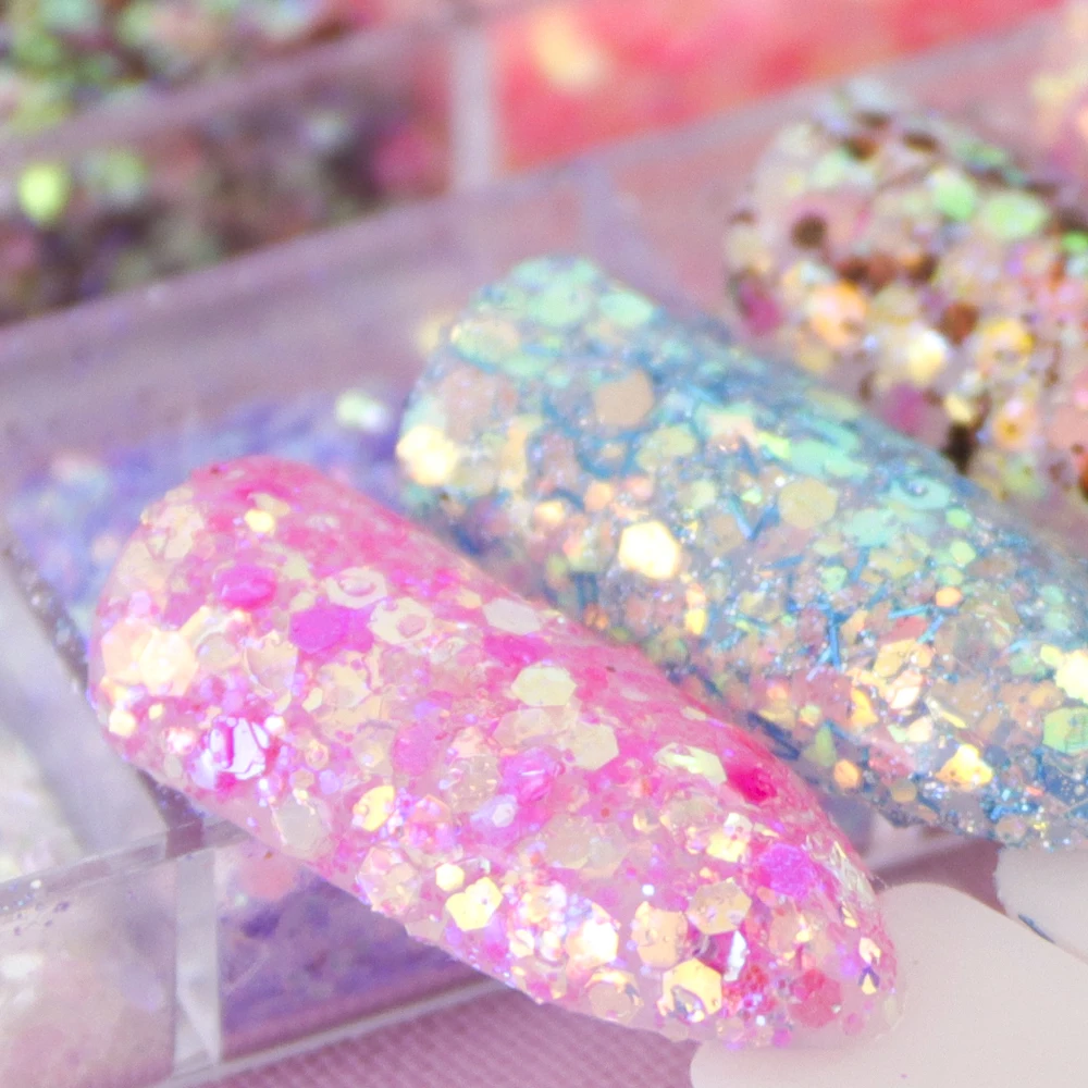 

Full Beauty Mixed Hexagon 12 Color Nail Dust Sets Holo Glitter Mermaid Sequins Flakes Manicure Decoration Nail Art Tips CHT-1