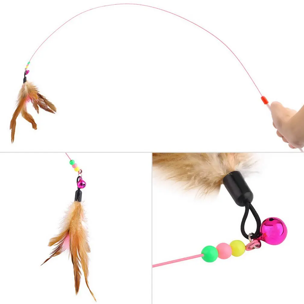 

Kitten Cat Pet Toy Wire Chaser Wand Teaser Feather With Bell Beads Play Fun