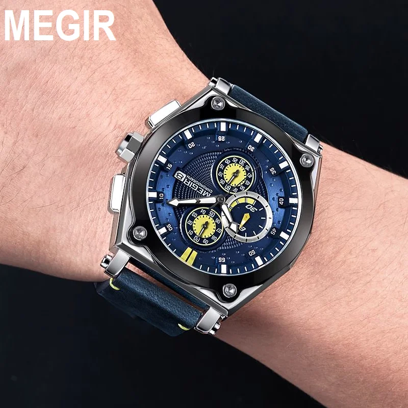 Часы наручные MEGIR Мужские кварцевые Брендовые спортивные с хронографом и кожаным