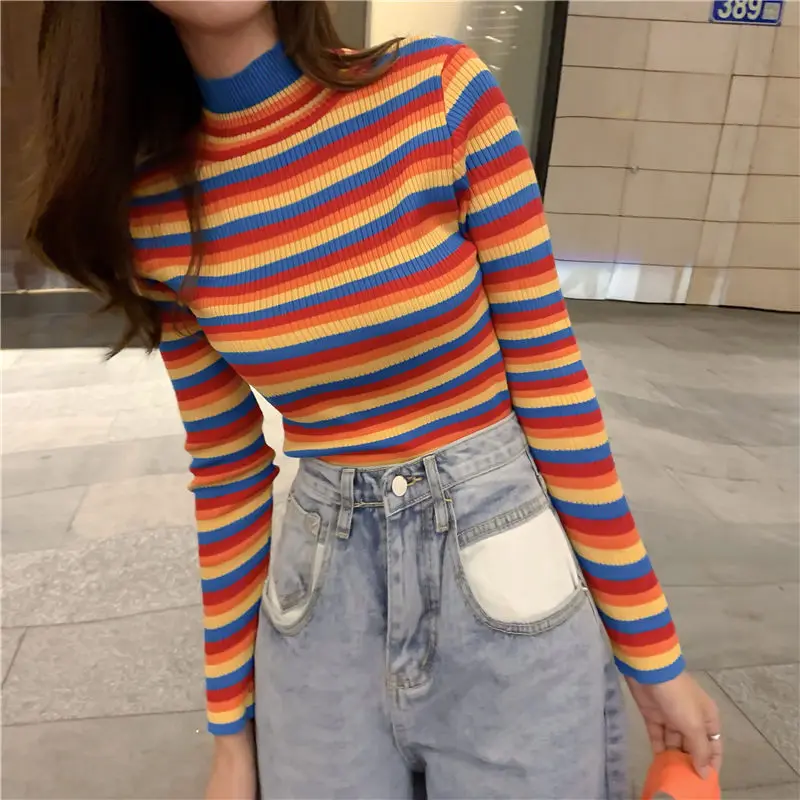 Vangull женский свитер в радужную полоску джемпер вязаная одежда модные облегающие